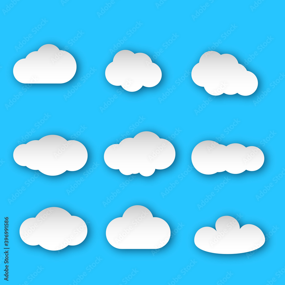 White paper cloud message sign set. Cloud symbol or logo, different 3d clouds. Vector illustration EPS10 White paper cloud message sign set. Cloud symbol or logo, different 3d clouds. Vector illustration EPS10