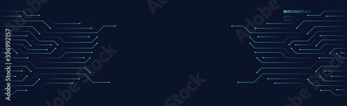 Vector abstract background on the theme of digital technology, future, cyberpunk. Dark blue background with bright blue lines computer elements. Banner template design for web, copyspace.