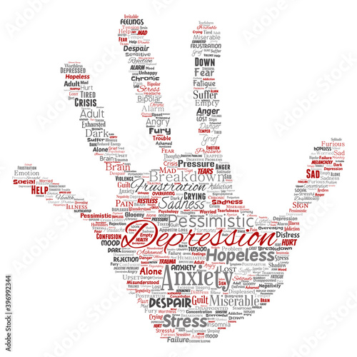 Vector conceptual depression or mental emotional disorder problem hand print stamp word cloud isolated background. Collage of anxiety sadness, negative sad, despair, unhappy, frustration symptom