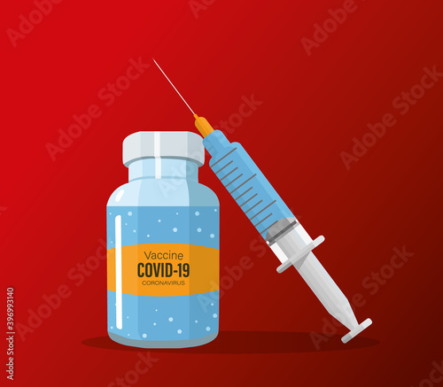Covid-19,Coronavirus  vaccination concept. Ampoule and syringe with medication modern icon. Healthcare, hospital and medical diagnostics. Vector illustration in modern style.