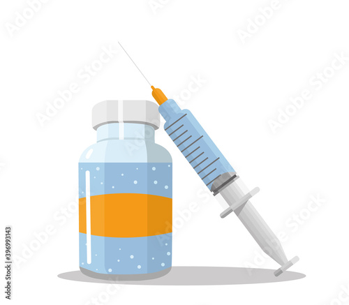 Vaccination concept. Ampoule and syringe with medication modern icon. Healthcare, hospital and medical diagnostics. Vector illustration in modern style.