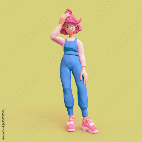 Cute casual kawaii girl in glasses wearing blue apron, white T-shirt, pink hair touches her head with hand, stands with confuse face expression. Minimal stylized art style. 3d render on green backdrop