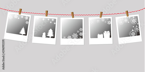 Polaroid photo frames decorated with Christmas icons. Vector illustration. クリスマスデコレーションのポラロイド写真フレームイラスト、ポラロイド写真イラスト