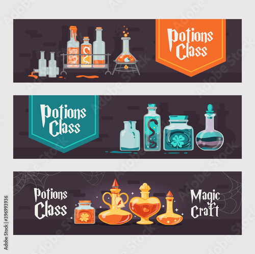 Potion class banners set. Magic bottles with witchcraft drinks or poisons vector illustrations with text. Witchery and Halloween concept for flyers and leaflets design