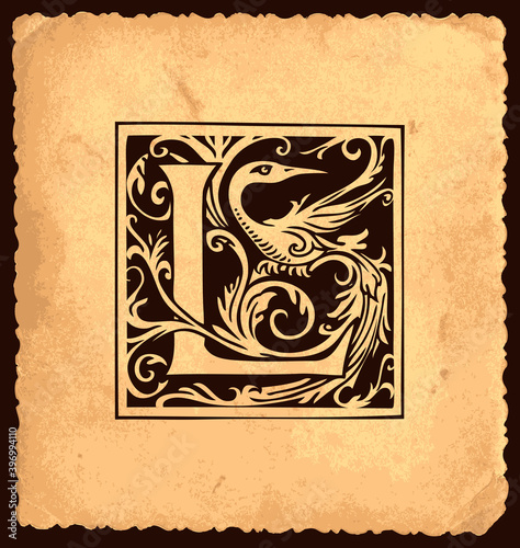 Black initial letter L with Baroque decorations on an old paper background in vintage style. Beautiful ornate capital letter suitable for greeting card, invitation, monogram, logo, emblem