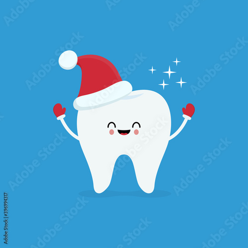 Cartoon tooth in Santa hat in red mittens, Isolated on blue background. New Year and Christmas greeting for the dental clinic.