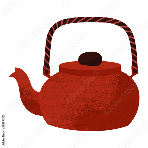Cast iron teapot for tea. Retro style teapot. Colored cute pottery isolated on white background. Kitchen crockery item. Hand drawn flat illustration