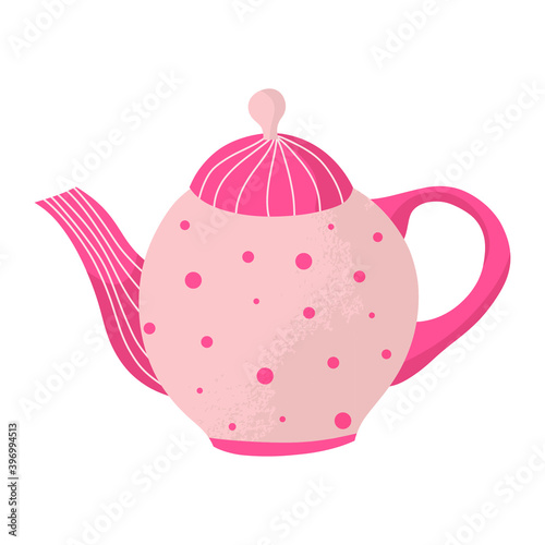 Ceramic kettle for tea. Retro style teapot. Colored cute pottery isolated on white background. Kitchen crockery item. Hand drawn flat illustration