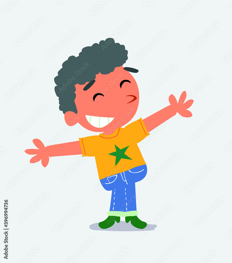 cartoon character of little boy on jeans opening arms very happy. cartoon character of little boy on jeans opening arms very happy.