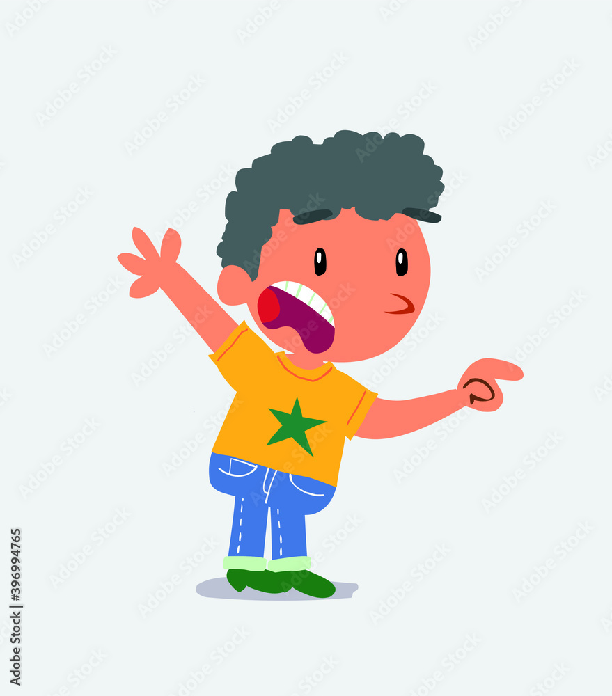 cartoon character of little boy on jeans pointing at something outraged. cartoon character of little boy on jeans pointing at something outraged.