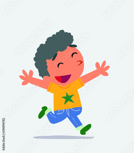 cartoon character of little boy on jeans running euphoric