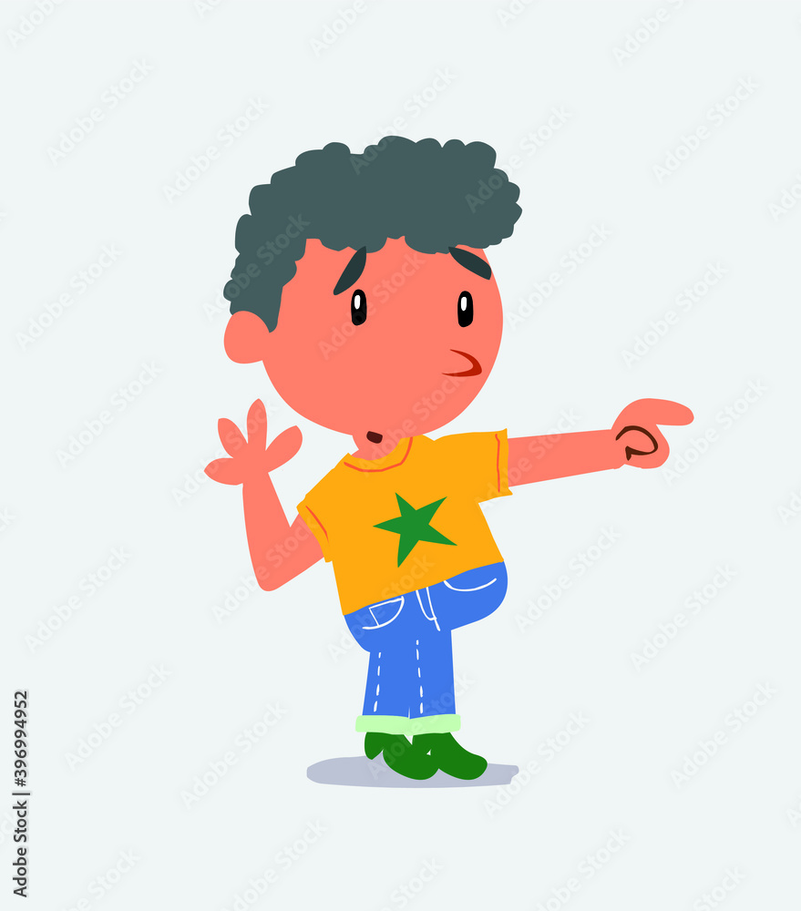 Surprised cartoon character of little boy on jeans points to something to his side. Surprised cartoon character of little boy on jeans points to something to his side.
