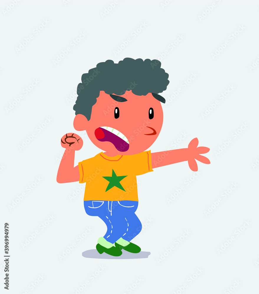 Very angry cartoon character of little boy on jeans pointing at something Very angry cartoon character of little boy on jeans pointing at something