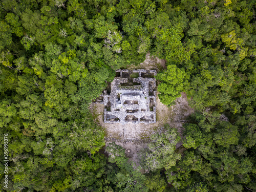 Ariel view of Chicanna pyramid. Mayan archeological site. Topdown view photo