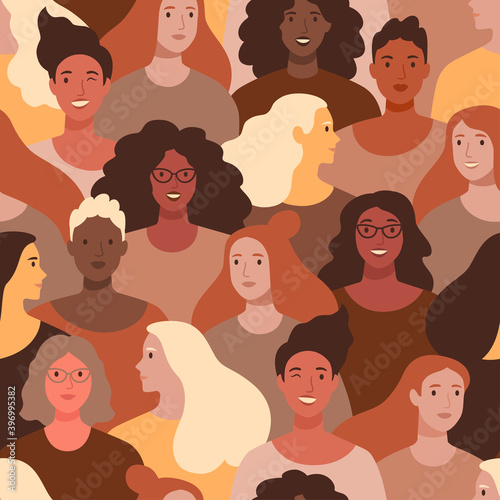 International Women's Day pattern. Vector seamless pattern with multinational diverse group of women in trendy warm color palette  flat style.