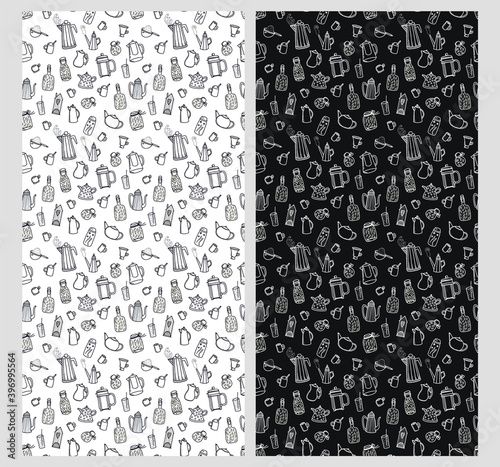 Vector black and white doodle background with kitchen utensil: kettle, tea, coffee, jar, cups.