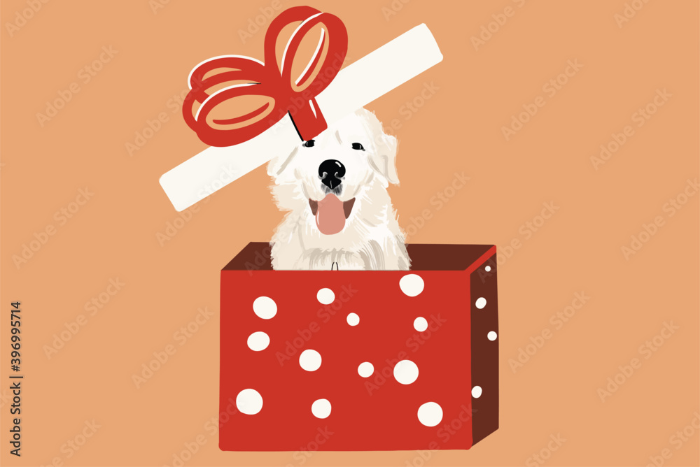 Obraz premium White dog in a gift box on the background. Vector illustration in flat cartoon style