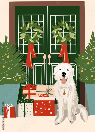 Illustration of a beautifully decorated for the New Year a house entrance with white dog sitting in front
