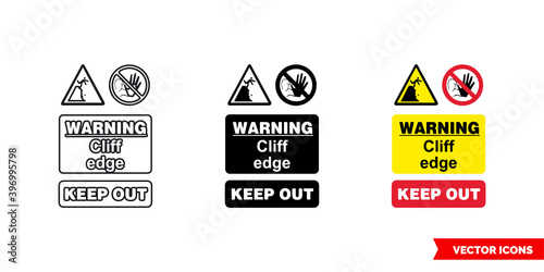 Quarry notice sign warning cliff edge keep out icon of 3 types color, black and white, outline. Isolated vector sign symbol.