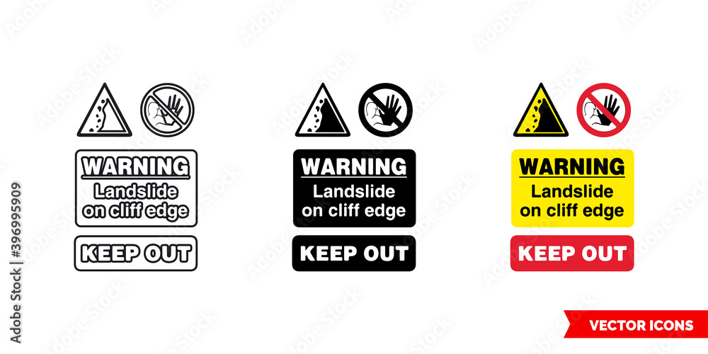 Quarry notice sign warning landslide on cliff edge keep out icon of 3 types color, black and white, outline. Isolated vector sign symbol.