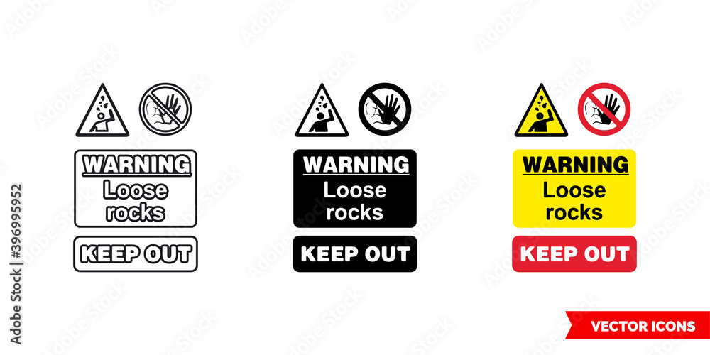 Quarry notice sign warning loose rocks keep out icon of 3 types color, black and white, outline. Isolated vector sign symbol.