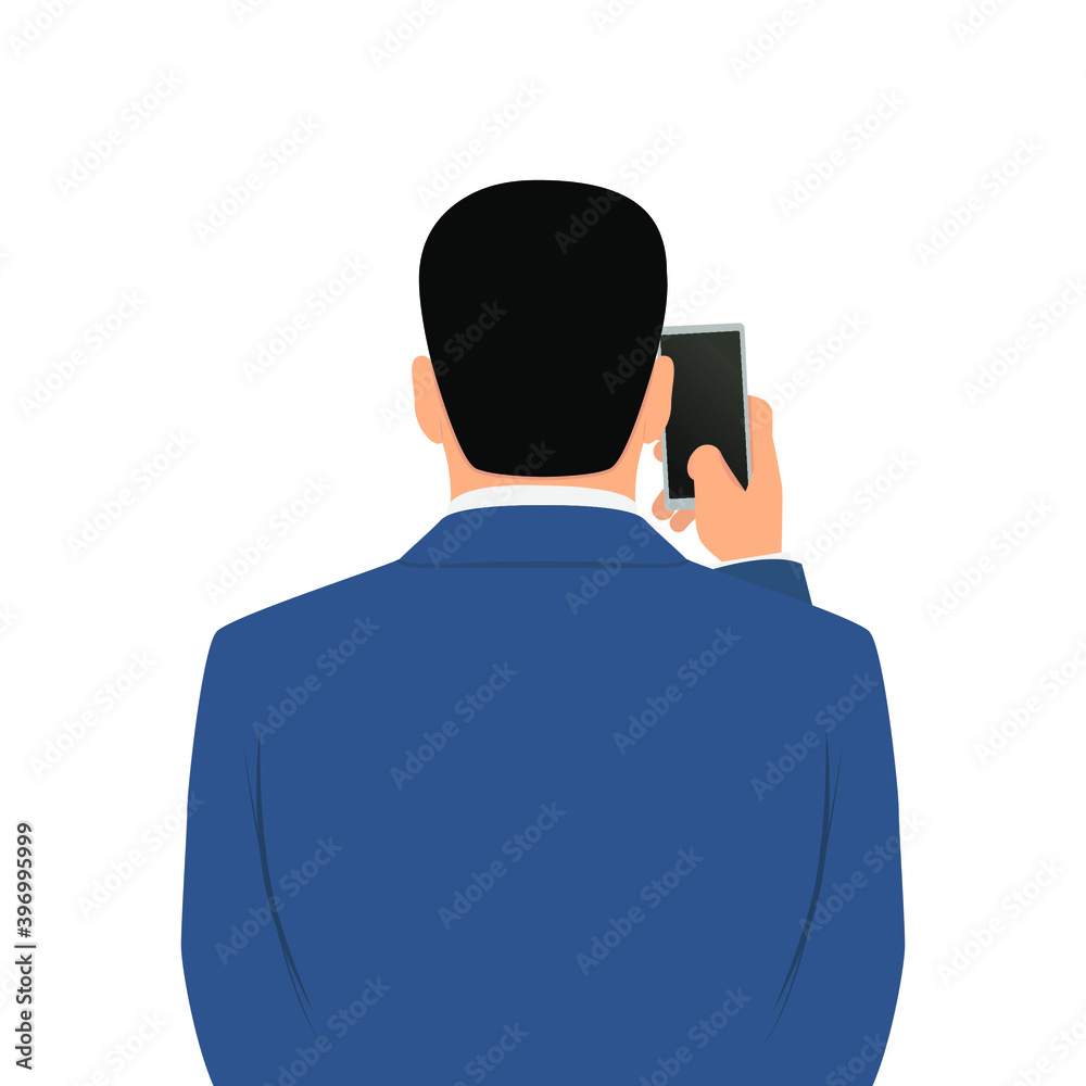 A man in a suit from the back holds the phone. Icon, vector illustration