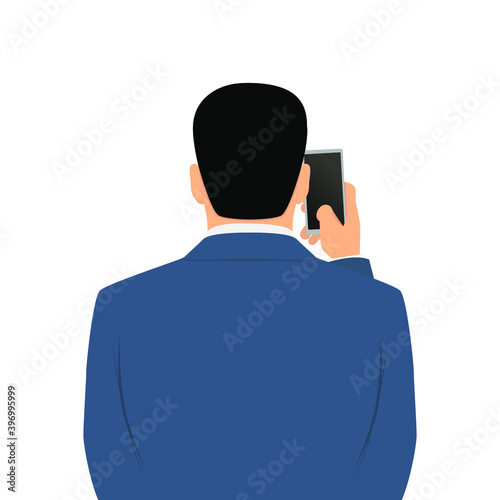 A man in a suit from the back holds the phone. Icon, vector illustration