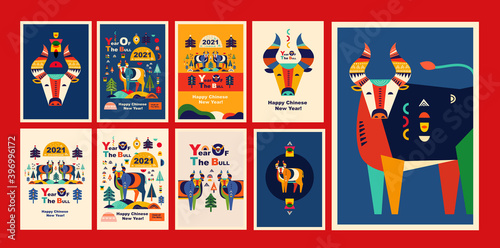 Happy Chinese New Year 2021 vector design. Symbol of 2021 Year of the Bull. 2021 Happy New Year template. Vector illustration with colorful Bull in folk style. Calendar design, brochure, catalog