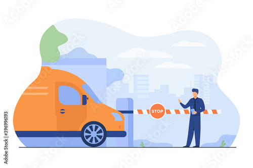 Parking lot security. Attendant standing at gate arm with stop sign for checking vehicles. Vector illustration for guard, automobile safety, transportation concept