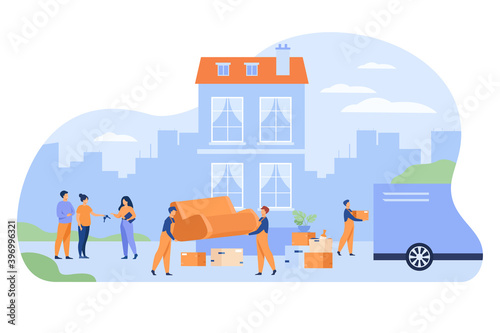 Couple moving out house and giving key to agent. Movers carrying furniture to truck. Vector illustration for relocation, new home, loaders, service concept