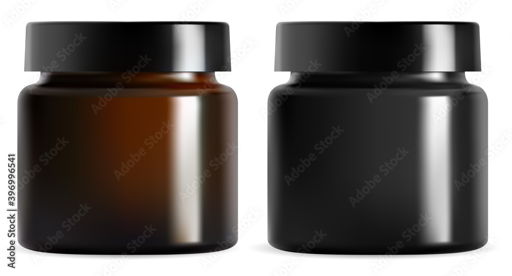 Cream jar. Black plastic cosmetic packaging mockup. Isolated brown glass container vector blank. Realistic amber can with glossy cap for face lotion. Round canister for premium cosmetics product Cream jar. Black plastic cosmetic packaging mockup. Isolated brown glass container vector blank. Realistic amber can with glossy cap for face lotion. Round canister for premium cosmetics product