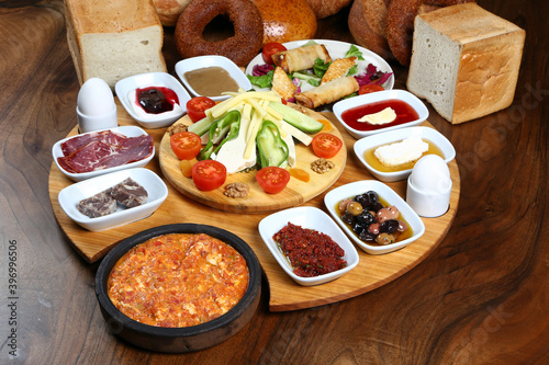  Traditional Turkish Breakfast on the wooden table