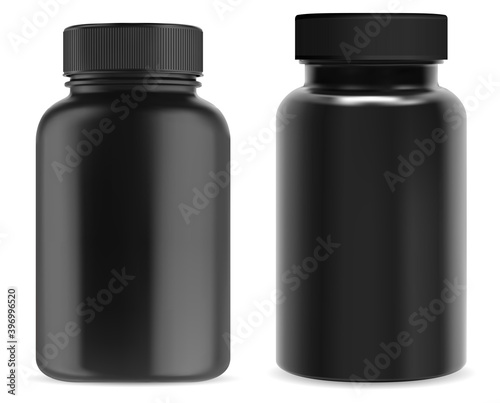 Black supplement bottle. Plastic pill jar mockup. 3d vector vitamin packaging, isolated medical capsule container, glossy template on white background. Cosmetic or prescription product