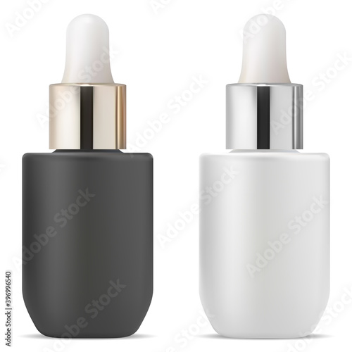 Serum dropper bottle. Cosmetic essential oil vial mock up. eyedropper medicine flask with pipette, glas or plastic blank. Gold and silver metal collagen flacon illustration. Aroma beauty spa set