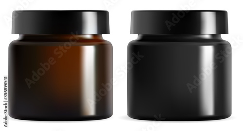 Cream jar. Black plastic cosmetic packaging mockup. Isolated brown glass container vector blank. Realistic amber can with glossy cap for face lotion. Round canister for premium cosmetics product