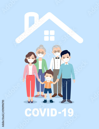 COVID-19 prevention, family wearing masks at home, grandfather, grandmother, mom, dad, grandson