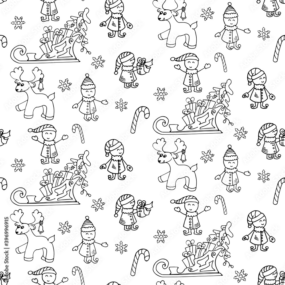 Christmas and New Year background.  Doodle illustration of many elfs with presents. Funny vector illustration.