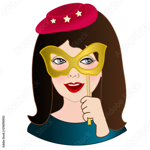 cool girl in a pink cap with stars holds a carnival mask in his hand, vector illustration on a white isolated background