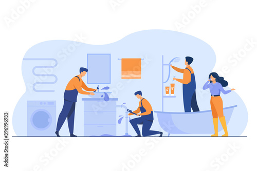 Plumber repairing pipe burst. Woman phoning for service to stop house flooding. Vector illustration for plumbing, domestic problem, help, accident concept