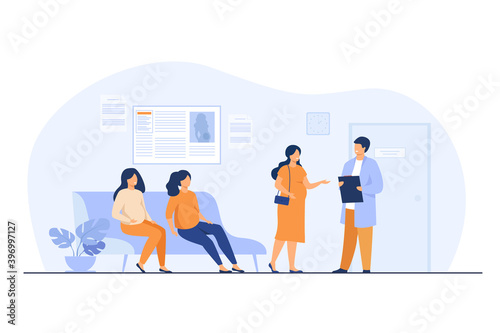Pregnant women waiting at doctor office in clinic, sitting on couch or consulting specialist. Vector illustration for motherhood, pregnancy maintenance, prenatal care concept
