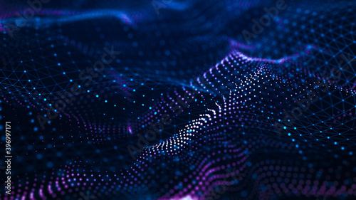 Abstract wave with moving dots. Flow of particles. Cyber technology illustration. 3d rendering