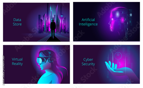 A set of horizontal banners in neon colors on the theme of modern computer technologies. The concepts of vector illustrations in the style of cyberpunk.