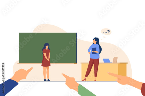 Teacher asking underachiever at blackboard. Shaming classmates with pointing fingers flat vector illustration. Studying, failure, bullying concept for banner, website design or landing web page