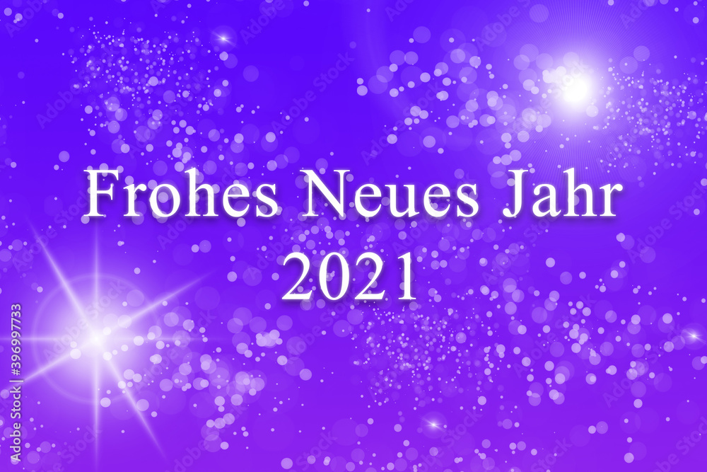 Banner oder Karte mit dem Gruß Frohes Neues Jahr 2021 mit mehreren Sternen und Lichtreflexen auf lila Hintergrund Banner oder Karte mit dem Gruß Frohes Neues Jahr 2021 mit mehreren Sternen und Lichtreflexen auf lila Hintergrund