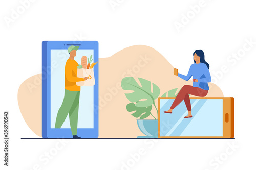 Woman ordering delivery from grocery store. Courier stepping of gadget with bag of food flat vector illustration. App, internet, service concept for banner, website design or landing web page