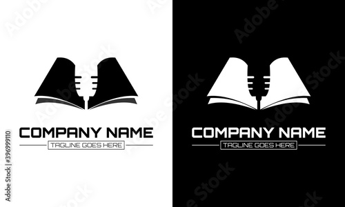 Book with microphone logo template, educational podcast icon, mic and book symbol