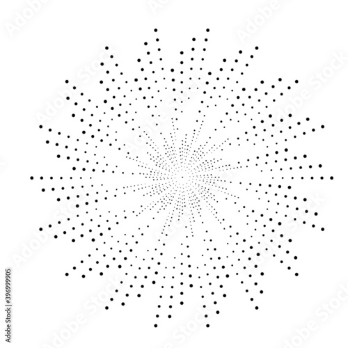 Radial halftone dots in Circle Form for comic books . fireworks Explosion background . Vector Illustration . Starburst
 round Logo . Circular Design element . Abstract Geometric half tones . Sunburst 