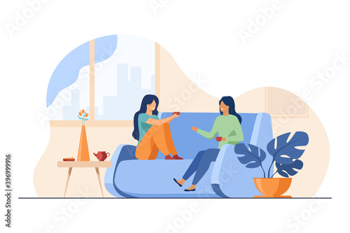 Two female friends meeting and chatting at home. Women drinking tea and talking on couch flat vector illustration. Friendship, leisure concept for banner, website design or landing web page