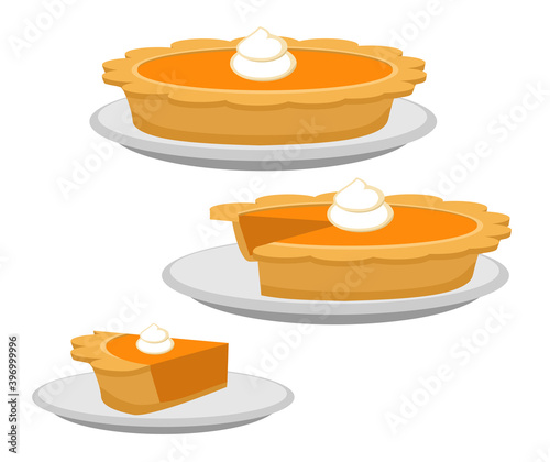 Pumpkin or sweet potato pie, whole and slice. Traditional American Thanksgiving dessert. Illustration vector flat cartoon of food on happy Thanksgiving menu on dinner table as feast concept.