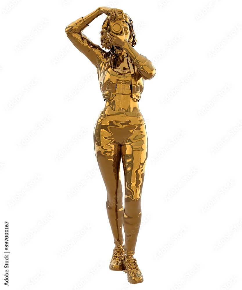 Woman photographer statue of gold isolated on white background 3d illustration